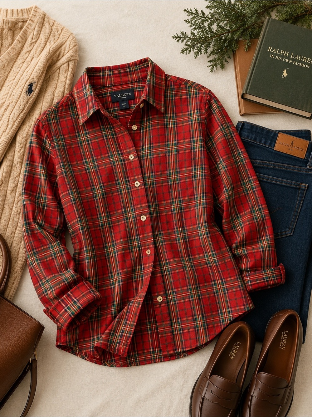 Talbots Red Green Navy Plaid Petite Button-Up
